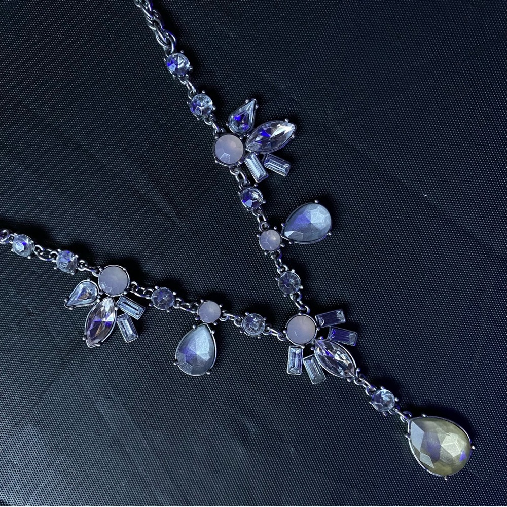 LOFT Silver-Tone Crystal + Moonstone Y-Drop Statement Necklace